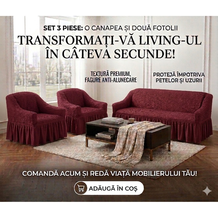 Set Huse Elastice, Canapea 3 Locuri + 2 Fotolii, Creponate, Bordo