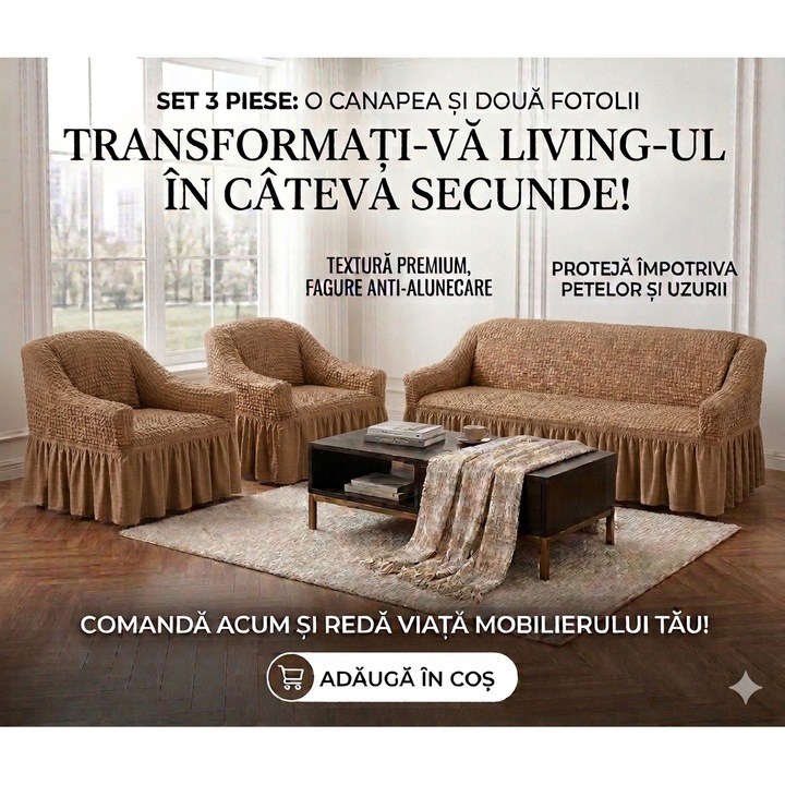 Set Huse Elastice, Canapea 3 Locuri + 2 Fotolii, Creponate, Cafea cu lapte