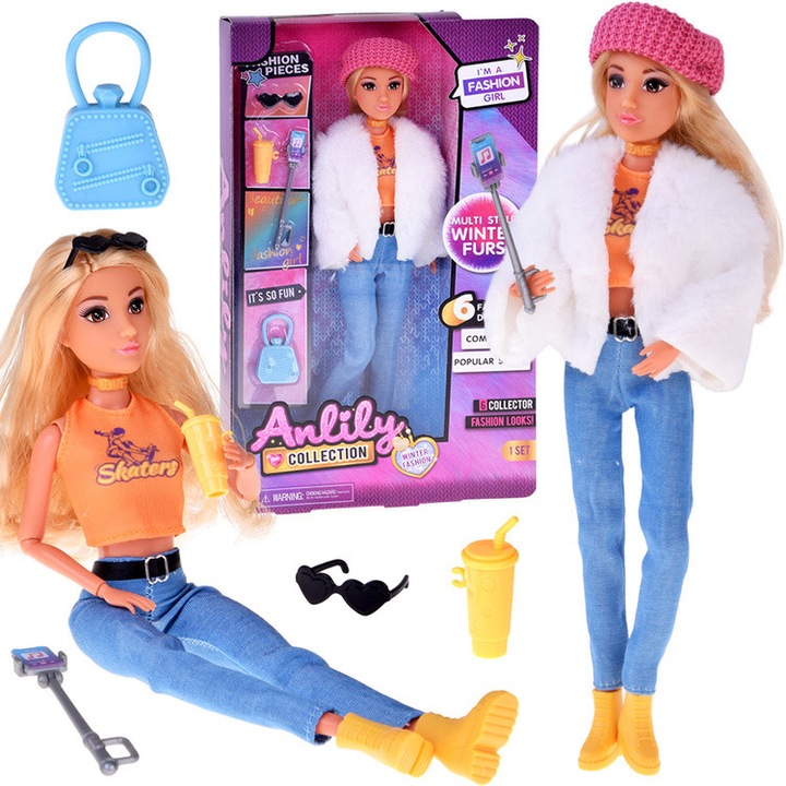 Păpușă Anlily influencer la modă, în haină de blană
