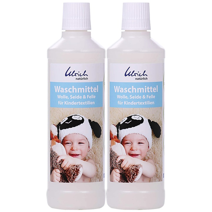 Detergent lichid rufe copii 2x500ml pentru rufe delicate, lana si matase, formula blanda protejeaza pielea sensibila