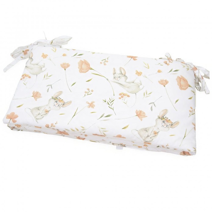 Protectie laterala pentru patut copii Kerstin Smiling Mouse, cu doua fete, suprafata din bumbac 100%, prindere cu panglici, dimensiune 180 x 30 cm