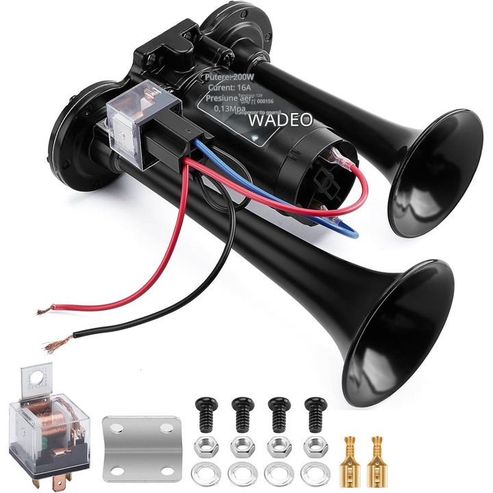 WADEO autókürt, 12V, 150dB, kompresszorral, fekete