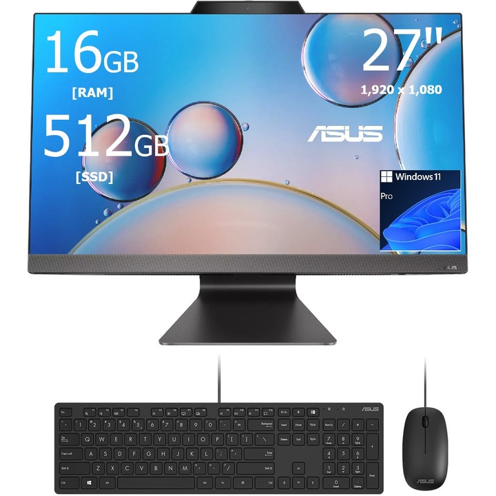 Sistem All-in-One Asus M3702WFAK cu procesor AMD Ryzen 3 7320U, 27", Full HD, 16GB DDR5, 512GB SSD, Windows 11 Pro, Negru