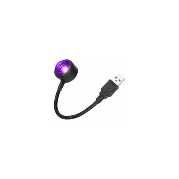 Lampa USB interior auto, lumina ambientala cu 4 culori si 9 moduri reglabile, control vocal cu microfon, rotire 360°, plug and play, multicolor, 1 buc