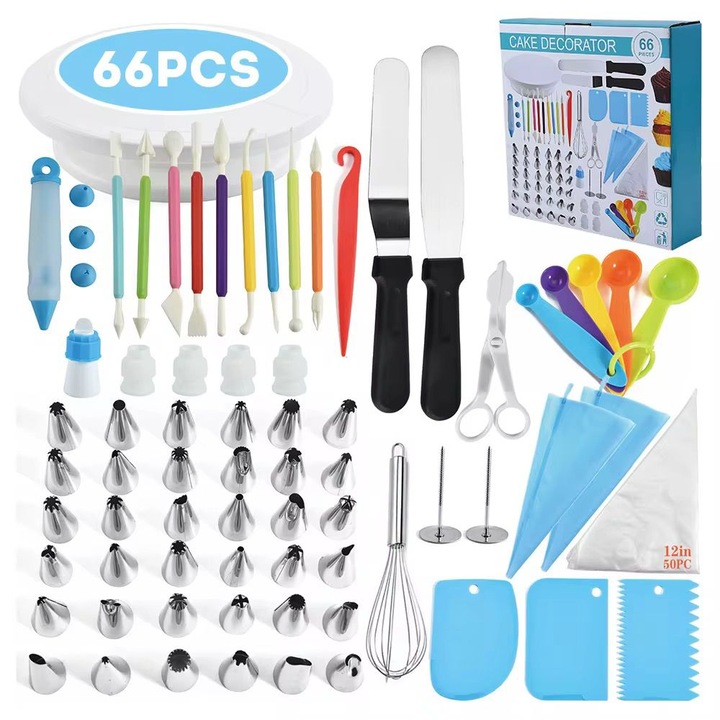 Professzionális Díszítő Készlet Süteményekhez, 66 Rozsdamentes Acél Darab Díszítő Sablonokkal, Többszínű