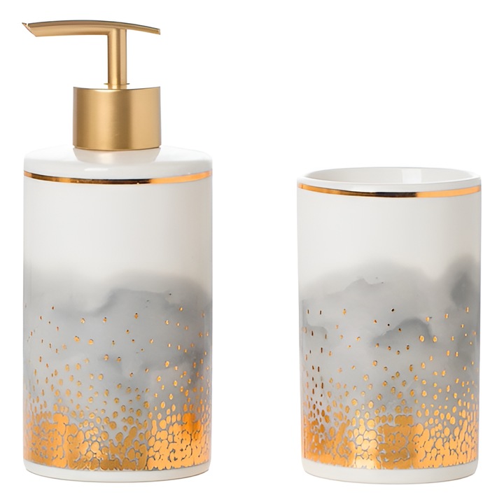 Set 2 piese baie portelan model marmura – dozator sapun 7x7x17 cm, pahar 7x7x11.4 cm, gri-auriu