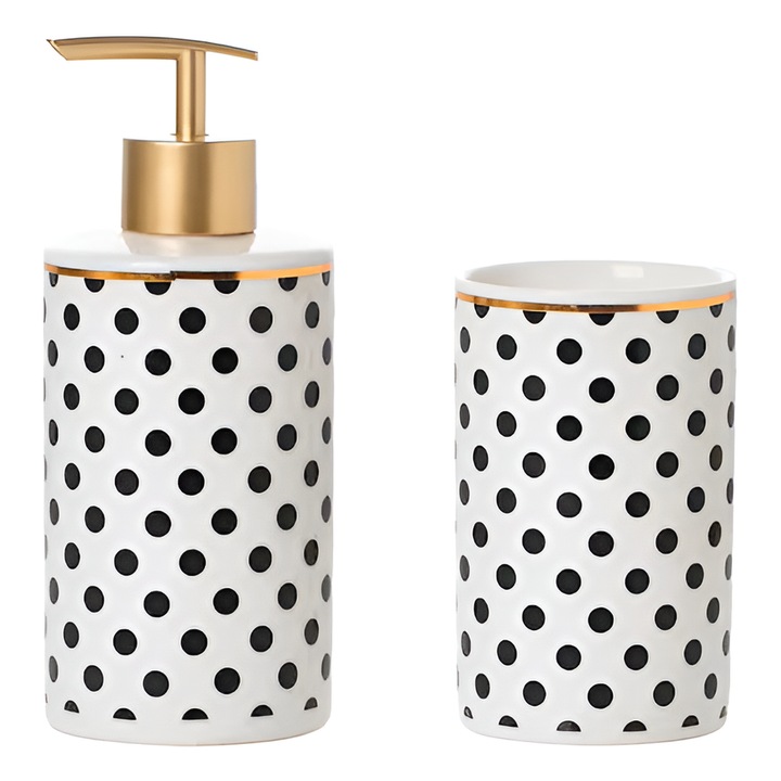 Set 2 piese baie portelan – dozator sapun 7x7x17 cm si pahar 7x7x11.4 cm, alb-negru