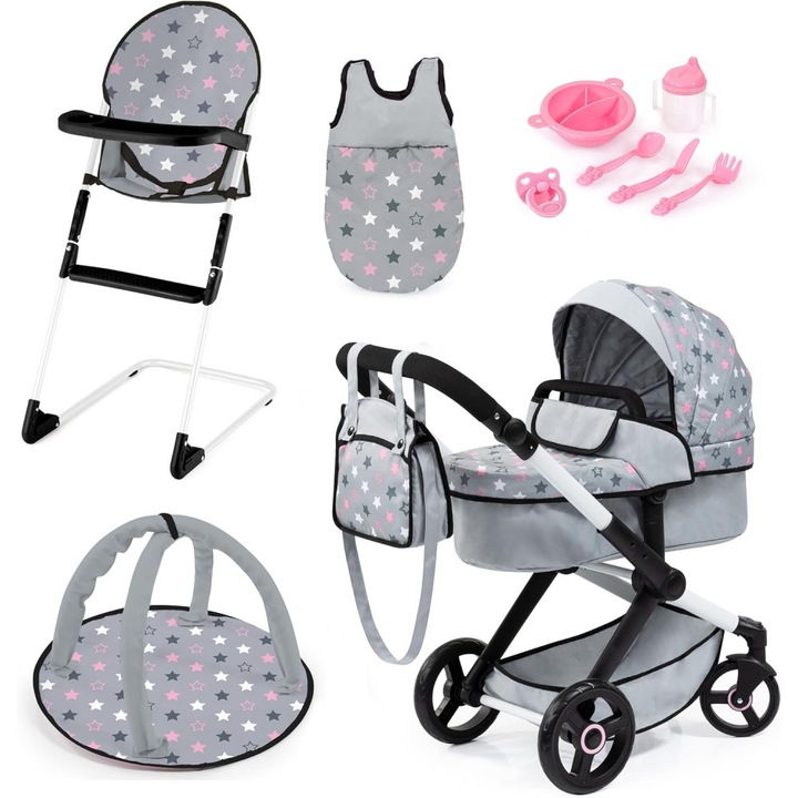 Set complet pentru papusi Bayer Xeo Deluxe Grey cu carucior 2in1 pliabil, maner reglabil pana la 71cm, scaun de masa, centru de ativitati, saculet de dormit si accesorii hranire, roti pivotante, gentuta si cos de cumparaturi