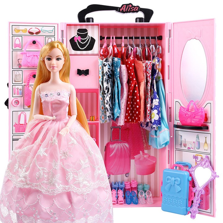 Set de joaca pentru papusi Duueyct, garderoba portabila cu oglinda, papusa 30 cm cu articulatii mobile, include 10 rochii, 6 perechi pantofi, genti, 10 umerase, bijuterii si accesorii, multicolor, 1 set