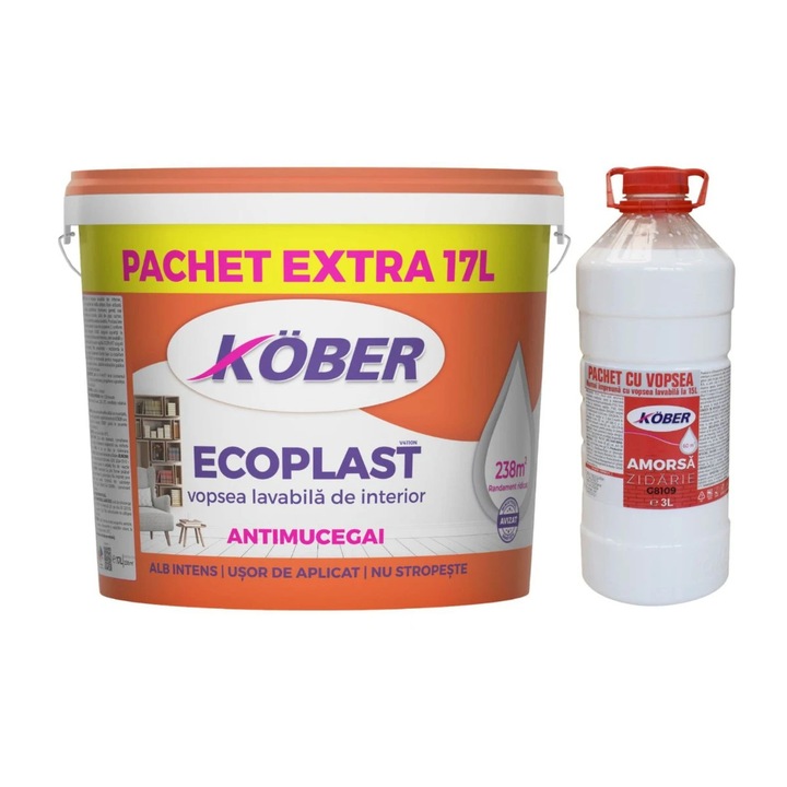 Vopsea lavabila interior, Ecoplast, antimucegai, alb, 17 L + amorsa Kober 3 L