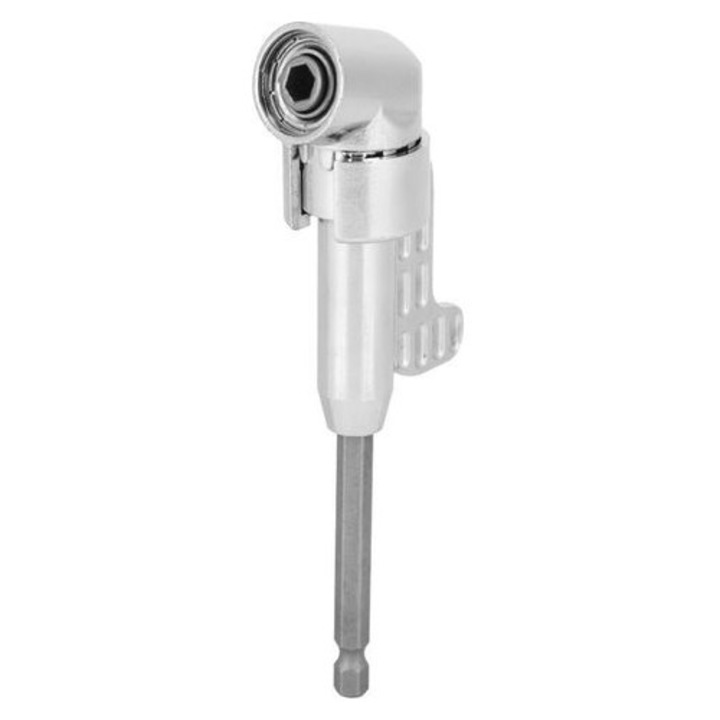 Adaptor unghiular pentru bormasina, prindere pentru surubelnita, Model unghi 105°, otel aliat, tratament galvanic, cu maner rotativ, argintiu, 1 buc
