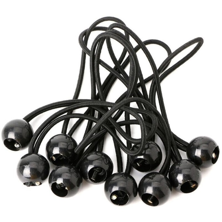 Set 10 bucati, sandow elastic pentru prelata, din plastic si poliester, cu bila de blocare si prindere rapida, 4 mm diametru, 45 cm lungime, negru
