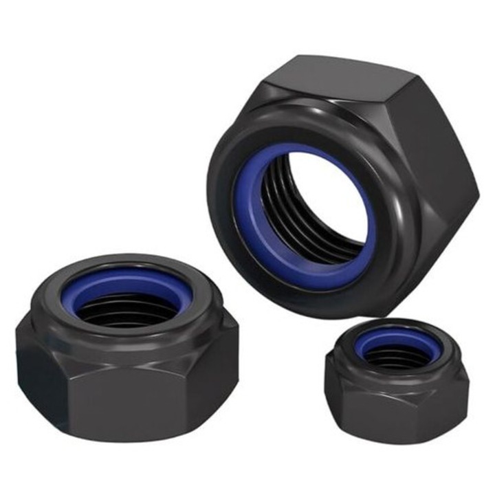 Set 10 bucati, piulite autoblocante hexagonale M12, otel inoxidabil A2 V2A, insert din nylon, filetare metrica DIN985, negru