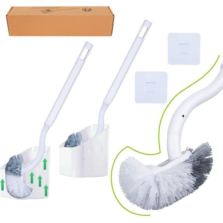 Set 2 Perii WC cu suport, maner lung 40cm, plastic, alb, 12x8cm