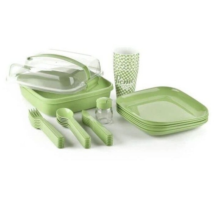 Set picnic din plastic, 6 persoane, 32piese, verde