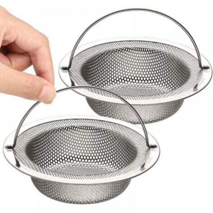 Set 2 bucati, Sita pentru chiuveta din otel inoxidabil 304, cu maner si orificii de 1 mm, O 11 cm x H 2 cm, Argintiu