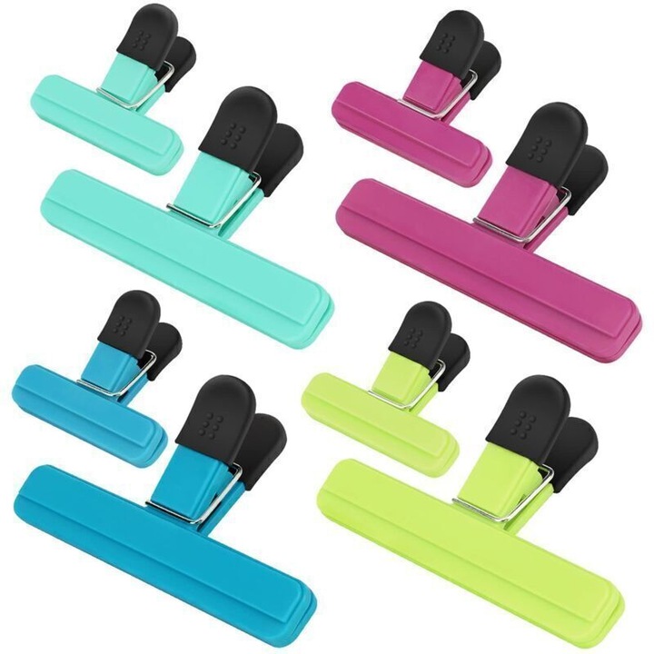 Set 8 bucati, cleme pentru pungi, clipsuri alimentare, deschidere mare, maner cauciucat antiderapant, inchidere sigura cu arc, multicolor