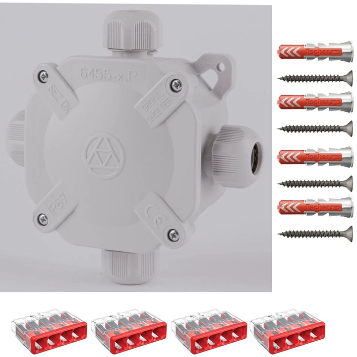 Doza derivatie aparenta alba ACIDUR SEZ DK IP67 80x80x45, Cutie conexiuni, Cutie de jonctiune dotata cu cleme Wago 2273-204 4 buc si dibluri Fischer DuoPower 6x30 4 buc
