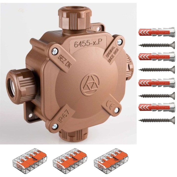 Doza derivatie aparenta maro ACIDUR SEZ DK IP67 80x80x45, Cutie conexiuni, Cutie de jonctiune dotata cu cleme Wago 221-415 3 buc si dibluri Fischer DuoPower 6x30 4 buc