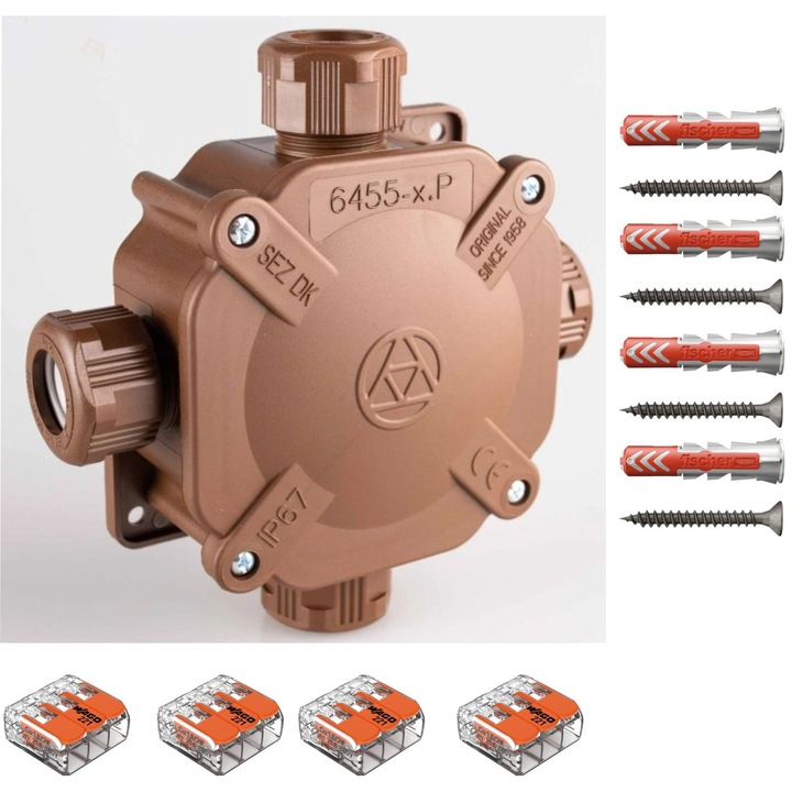Doza derivatie aparenta maro ACIDUR SEZ DK IP67 80x80x45, Cutie conexiuni, Cutie de jonctiune dotata cu cleme Wago 221-413 4 buc si dibluri Fischer DuoPower 6x30 4 buc