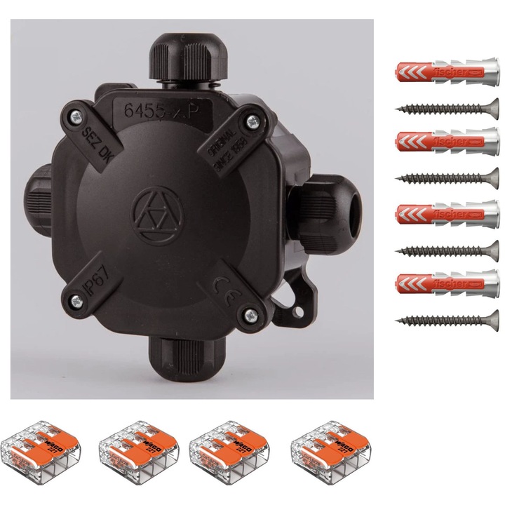Doza derivatie aparenta neagra ACIDUR SEZ DK IP67 80x80x45, Cutie conexiuni, Cutie de jonctiune dotata cu cleme Wago 221-413 4 buc si dibluri Fischer DuoPower 6x30 4 buc