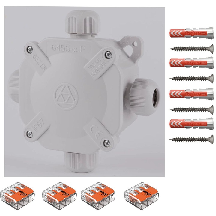 Doza derivatie aparenta alba ACIDUR SEZ DK IP67 80x80x45, Cutie conexiuni, Cutie de jonctiune dotata cu cleme Wago 221-413 4 buc si dibluri Fischer DuoPower 6x30 4 buc