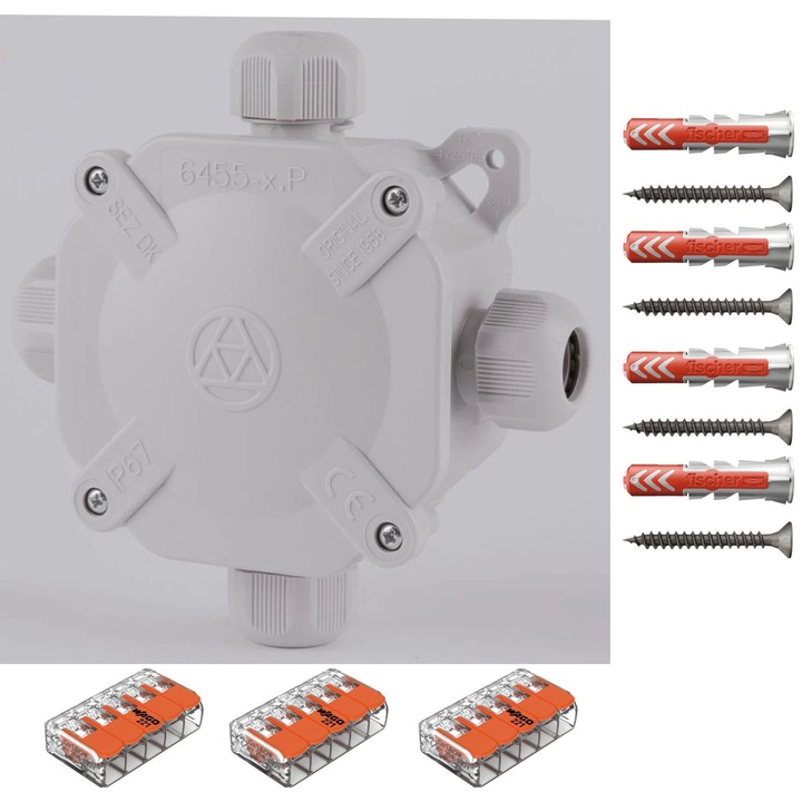 Doza derivatie aparenta alba ACIDUR SEZ DK IP67 80x80x45, Cutie conexiuni, Cutie de jonctiune dotata cu cleme Wago 221-415 3 buc si dibluri Fischer DuoPower 6x30 4 buc