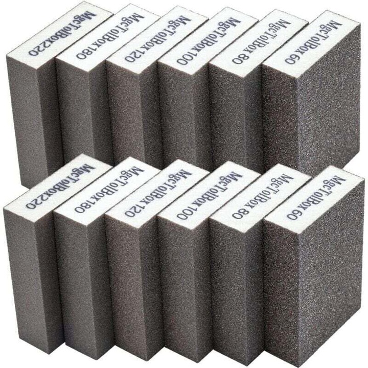 Set 12 bucati, Bureti abrazivi din spuma de inalta densitate cu strat abraziv din nisip mineral, granulatii 60/80/100/120/180/220, lavabili si reutilizabili, Gri
