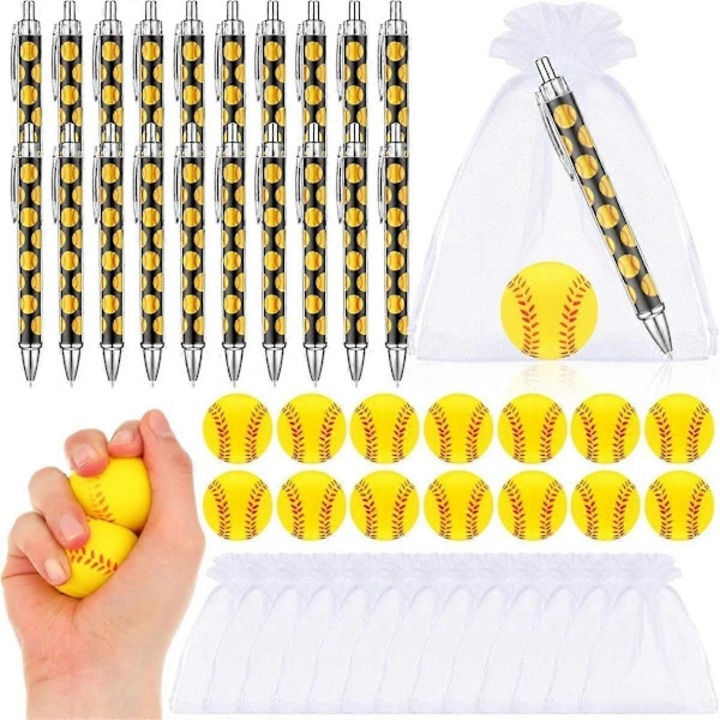 24 darabos szett, softball témájú parti ajándékok, 24 db 4 cm-es mini PU labda, 24 db grafit és fa ceruza, 24 db 13x18 cm-es organza tasak, Többszínű