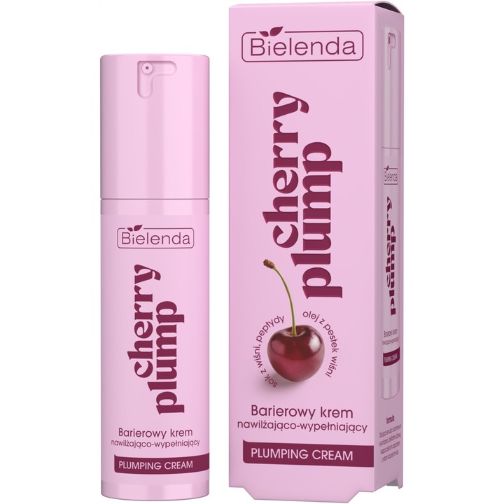 Crema de fata Bielenda Cherry Plump, 50 ml, hidratanta, zi si noapte, bariera, umplere, cu suc de cirese, peptide, ulei de seminte de cirese, proteine de orez, roz, cutie, dimensiune