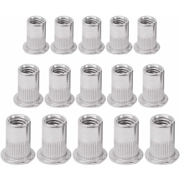 Set 90 bucati piulite nit filetate (ecrou de rivet), zinc alb, argintiu, 30 x M5 (13 mm), 30 x M6 (15 mm), 30 x M8 (18 mm)