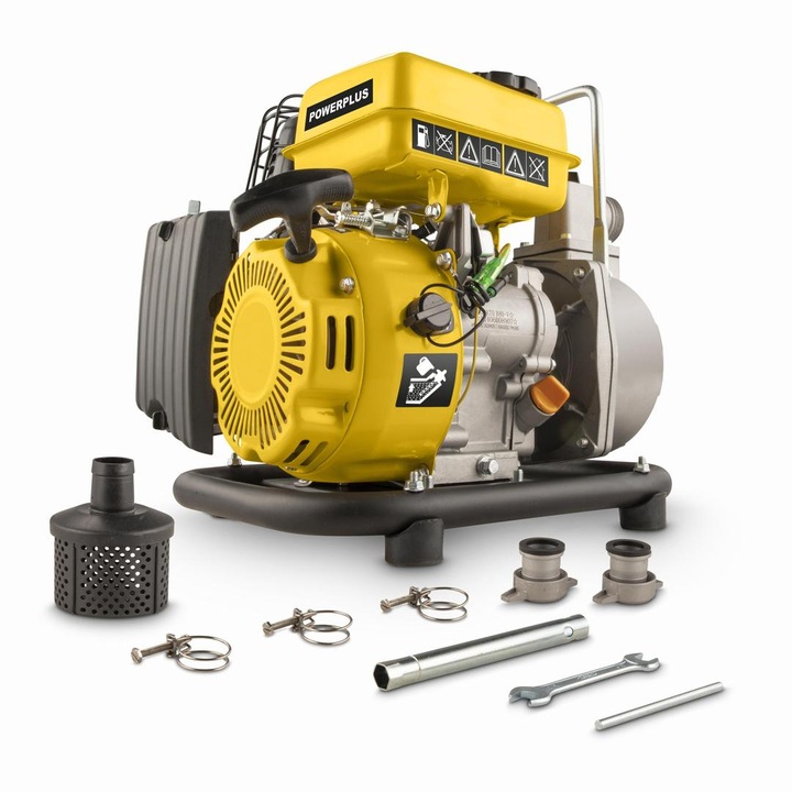 Мотопомпа за чиста вода Powerplus POWXG9700, 4 такта, 3.5 к.с., 79 CC, 4.6 kW, 1400L/H, дължина на водния дебит 28м, 1.5" захващане за маркуч, капацитет на резервоари 1.8L бензин и 0.35L масло, бензин