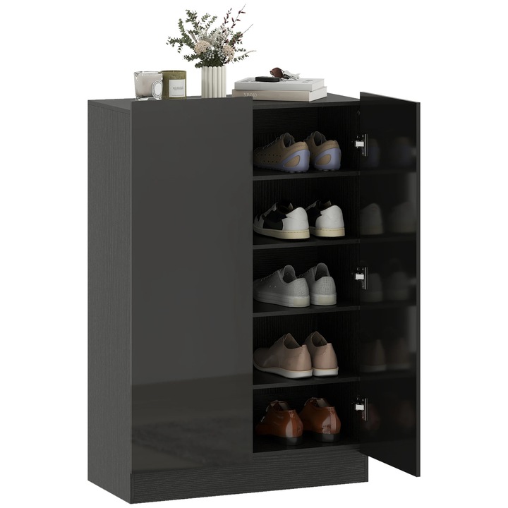 Dulap pentru pantofi, pentru hol, 2 usi, soft-close, rafturi ajustabile, pentru cca 20 perechi, lemn, negru