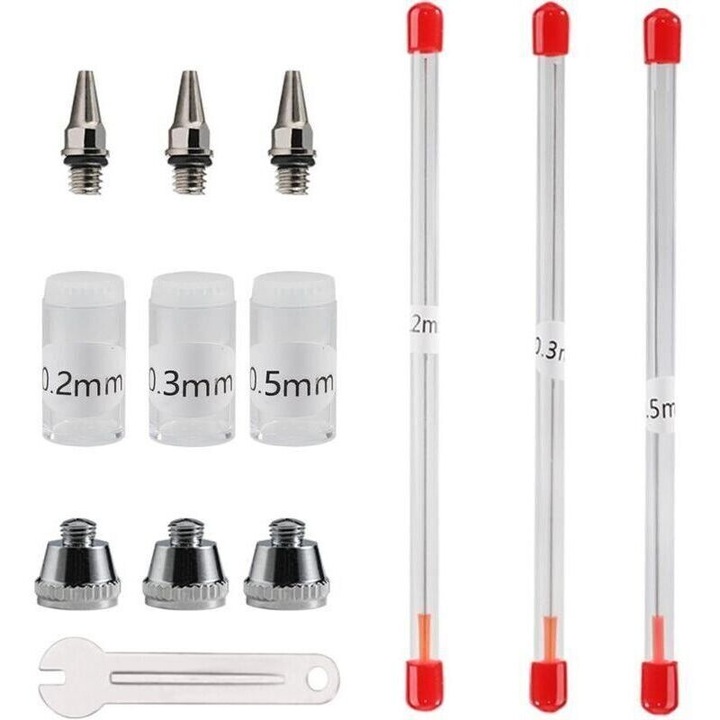 Set accesorii aerograf 0,2 0,3 0,5 mm multicolor