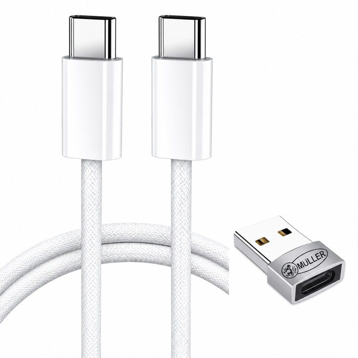Cablu de Date si Incarcare Rapida FastCharge, USB-C la USB-C, 3A, 1 m, Alb, pentru Motorola, Apple, Huawei, Samsung, Xiaomi, Oppo + Adaptor OTG Müller® USB‑A la USB‑C, Gri
