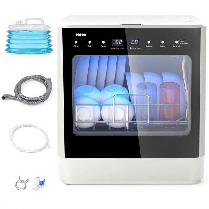 Pult alá építhető mosogatógép, Mini mosogatógép, 4 program ECO/Baby/Rapid/Gyümölcs, Magas hőmérsékletű szárítás, 240V AC, EU csatlakozó, Fekete/Fehér