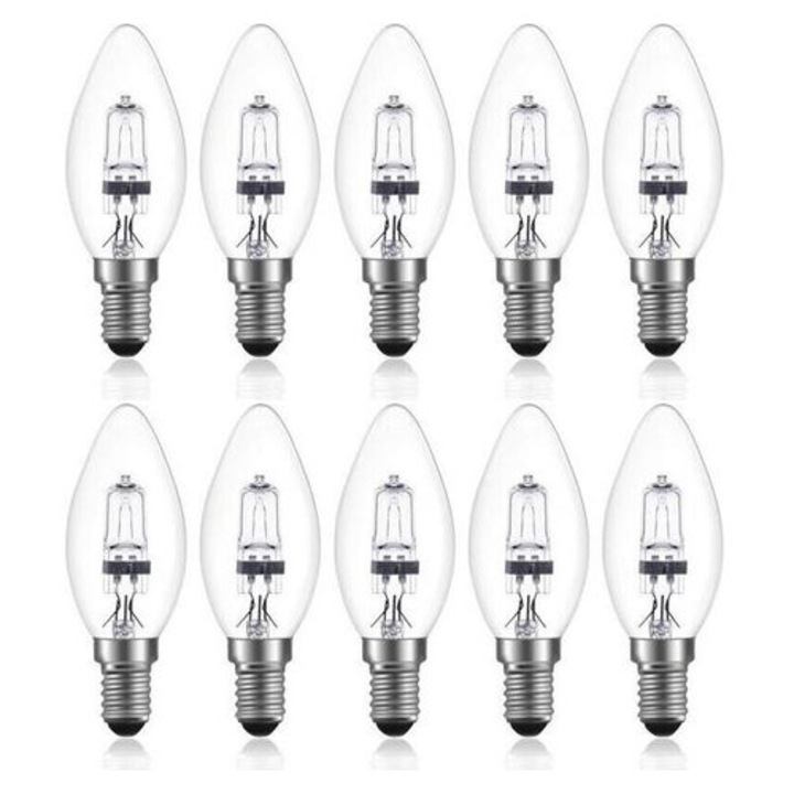 Ampoula halogena / bec halogen E14 C35, 42 W, cu intensitate variabila, AC 220-240 V, alb cald 2700 K, 10 bucati