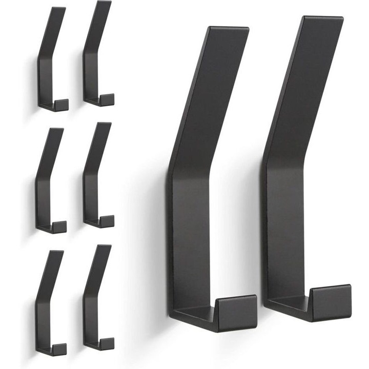 Set 6 bucati, cuier de perete/carlig pentru haine din aliaj de aluminiu, carlige duble, montaj cu suruburi, capacitate pana la 22.7 kg, negru