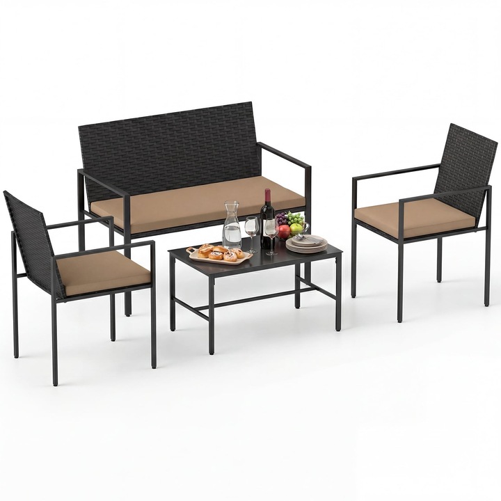 Set de mobilier de exterior din ratan, format din 4 piese, cu masa de sticla