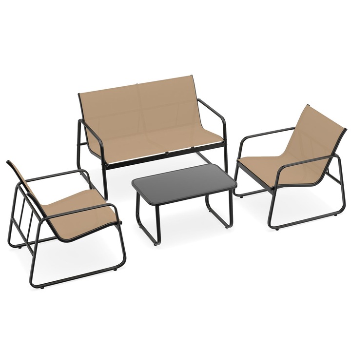 Set de mobilier de terasa din ratan, format din 4 piese, cu masuta de cafea din sticla