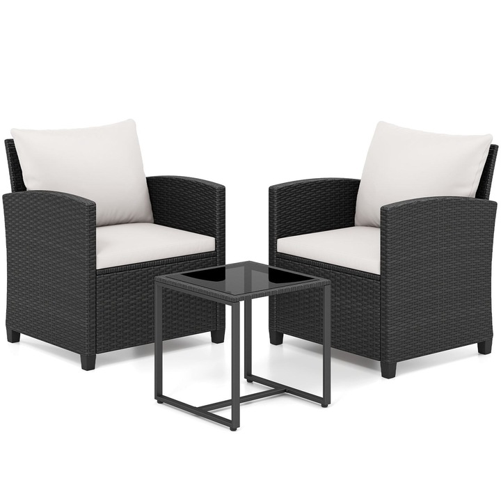 Set de mobilier de exterior din ratan, cu perne si masa de sticla