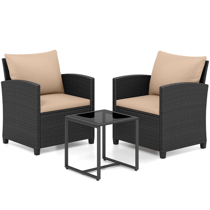 Set de mobilier de exterior din ratan, format din 3 piese, cu perne