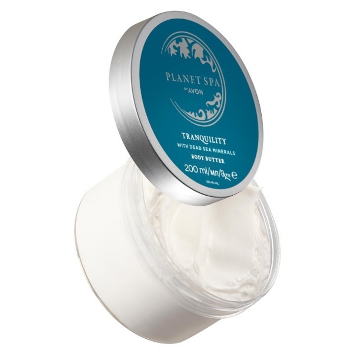 Testápoló vaj, Avon, Planet Spa, 200 ml, nyugtató és hidratáló, Holt-tengeri ásványokkal, kisimítja, nyugtatja, száraz bőrre, átlátszó tégely, utazó méretű termék