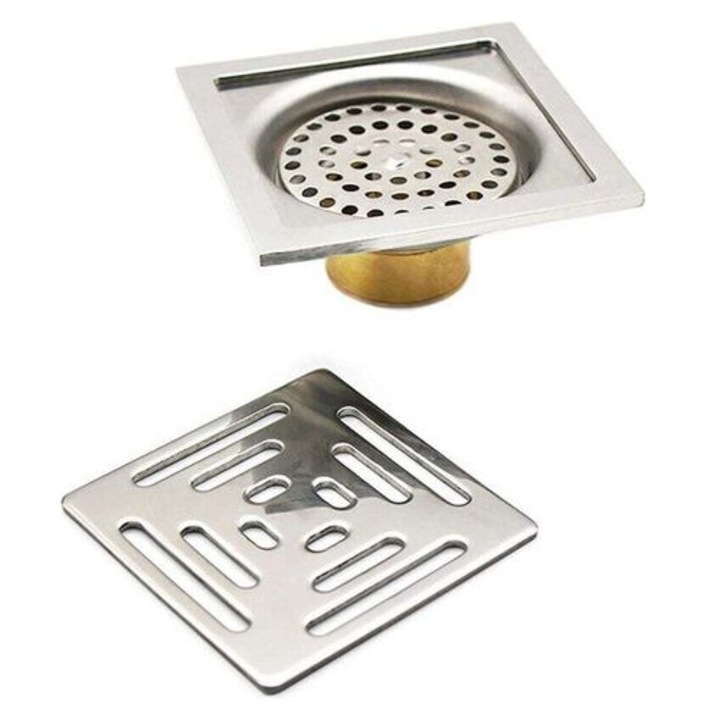Sistem de scurgere, 100x100x60mm, inox si alama, argintiu si auriu