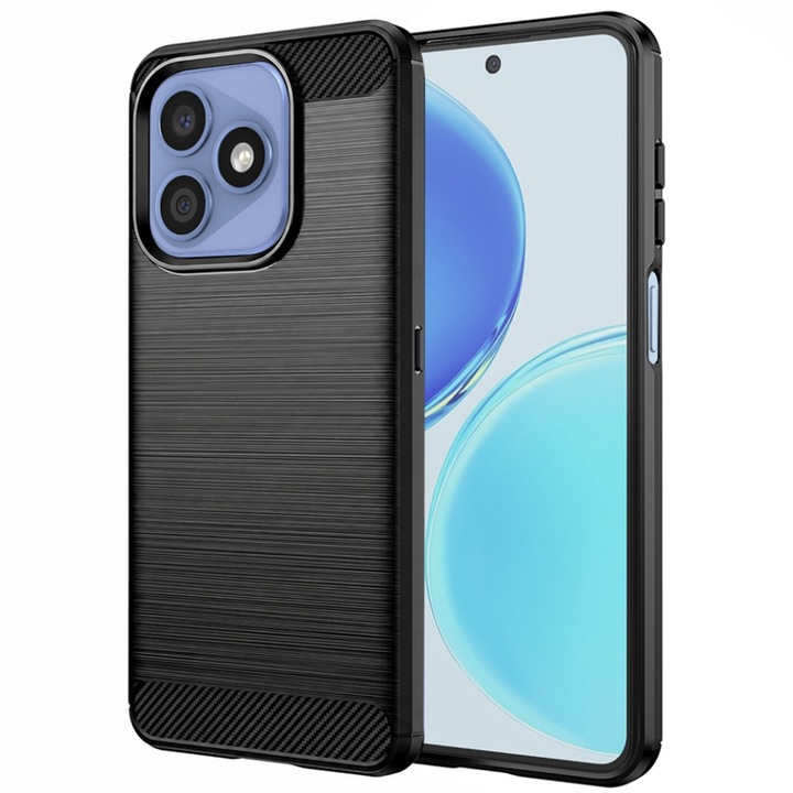 Husa pentru Honor X8d din Silicon Slim, cu textura Fibra Carbon, set cu sticker, Carbon Silicone, Negru