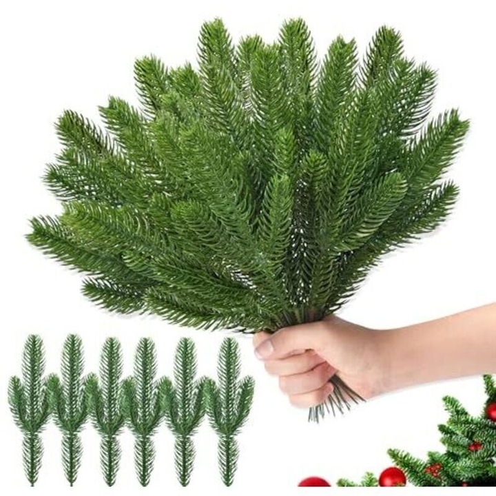 Műfenyő ágak, műfenyő gallyak, PE anyagból dróttal, rugalmas és vízálló, zöld, 50 darab, 26 cm