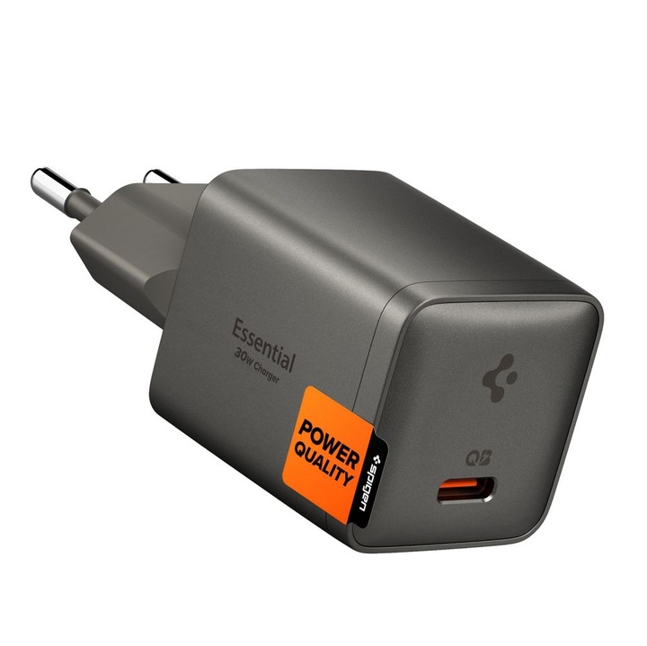 Spigen Essential EE301EU-GAN GaN hálózati töltő, 30W, 3A, 1x USB-C, Gunmetal