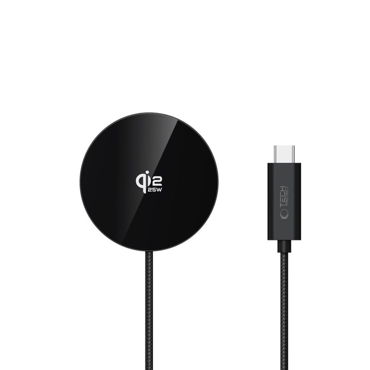Tech-Protect A50 vezeték nélküli töltő MagSafe kompatibilis, 25W, 3A, USB-C kábel 116cm, Fekete