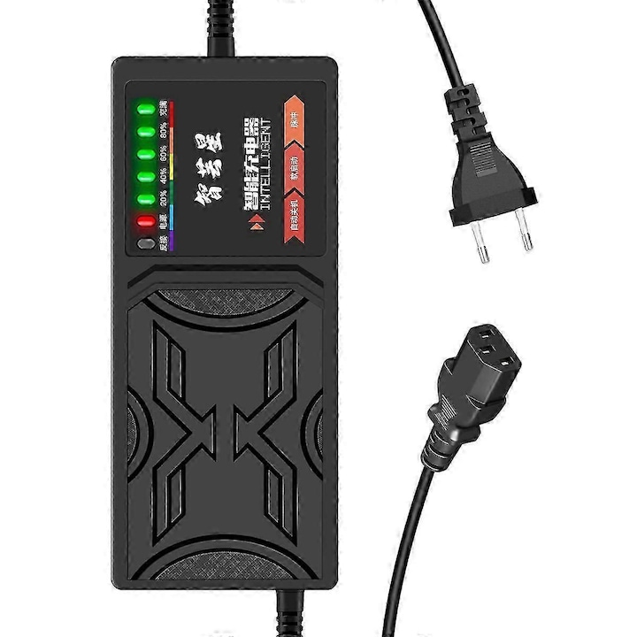 Incarcator vehicul electric G71472 60V 20Ah, tensiune 60-74V, curent iesire 2.6A, afisaj 7 LED, protectie la scurgere si supracurent, compatibil baterii 6-DZM-20, Plug EU, Negru, 1 bucata