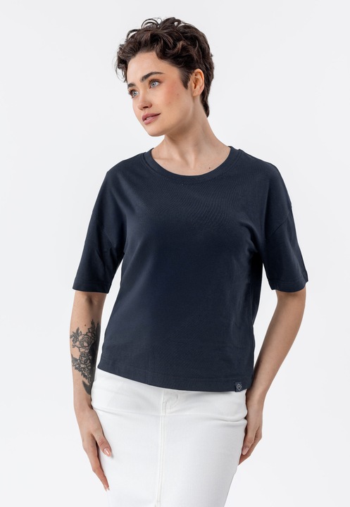 Női pamut póló, egyszínű, Comfort Fit, Volcano T-Rodos, tengerészkék, Tengerészkék